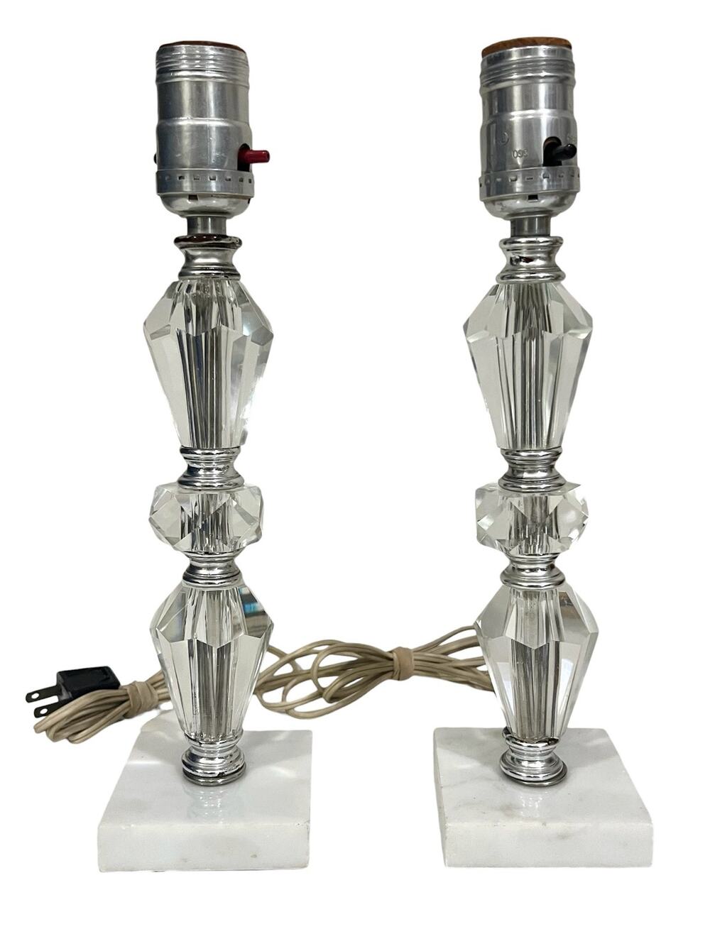 Crystal and Italian Marble Table Lamps Set of 2 Vintage 40s Pair Clear Stacked